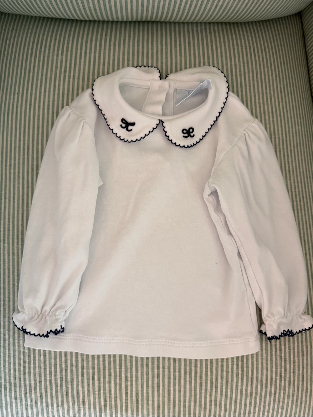 Little English White Long-Sleeve Top w/ Peter Pan Collar and Navy Embroidery